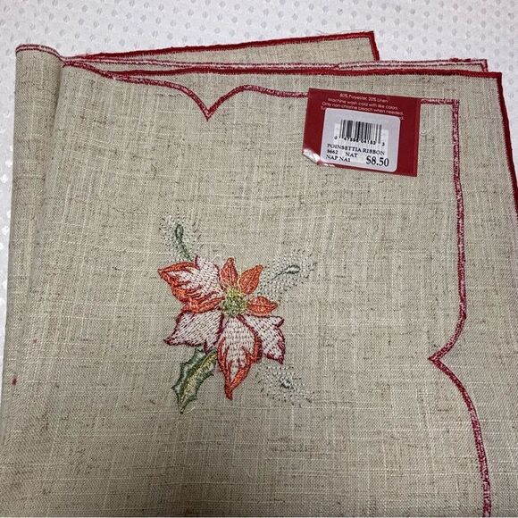 Festive Poinsettia Ribbon Linen Blend Napkins Set of 5 NWT - Picture 4 of 4